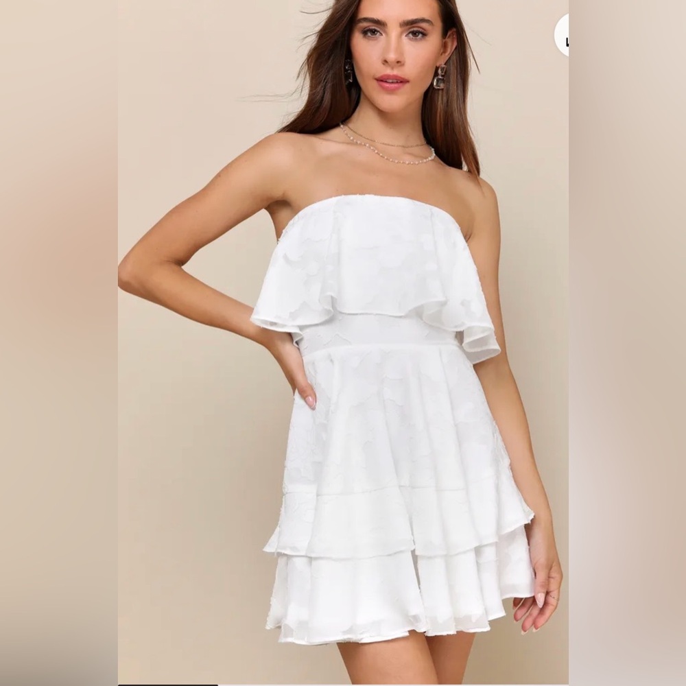 Strapless White Ruffle Tiered Mini Dress